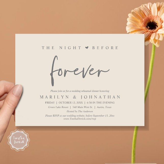 Convites A Noite Anterior Para Sempre, Janto De Ensaio De C (The Night Before Forever, Modern Wedding Rehearsal Dinner Invitation Card, PDF, in Cream Dark Grey)
