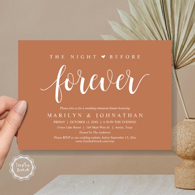 Convites A Noite Anterior Para Sempre, Janto De Ensaio De C (The Night Before Forever, Wedding Rehearsal Dinner Invitation Card, PDF, Rustic, Copper Rust Brown)