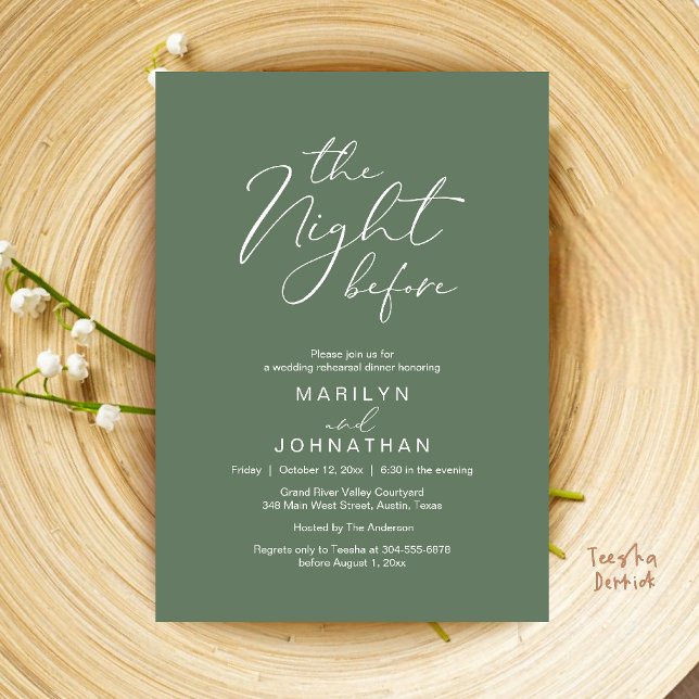 Convites A Noite Antes do Casamento Jantar de Ensaio Modern (The Night Before Wedding Modern Rehearsal Dinner Invitation Card in Sage Green)
