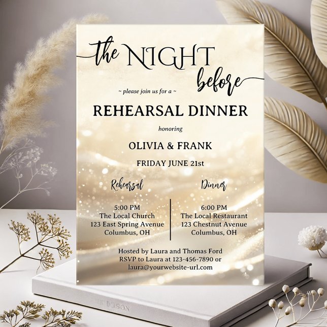 Convites A Noite Antes Do Janto De Ensaio Dourado (Modern boho chic rehearsal dinner invitation showing a festive design with script and gold sparkles)