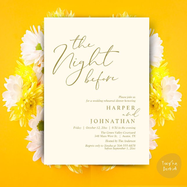 Convites A Noite Antes do Janto Romântico de Ensaio De Casa (The Night Before Romantic Wedding Rehearsal Dinner Modern Invitation Card PDF Yellow Gold)