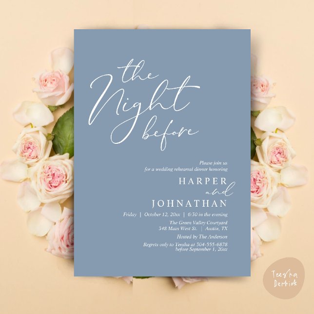 Convites A Noite Antes do Janto Romântico de Ensaio De Casa (The Night Before Romantic Wedding Rehearsal Dinner Modern Invitation Card PDF Dusty Blue)