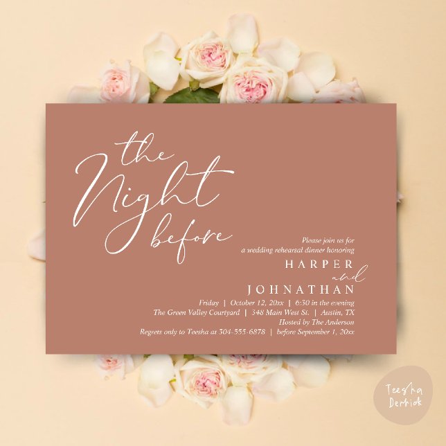 Convites A Noite Antes do Janto Romântico de Ensaio De Casa (The Night Before Romantic Wedding Rehearsal Dinner Modern Invites Card PDF Terracotta Earthy Brown)