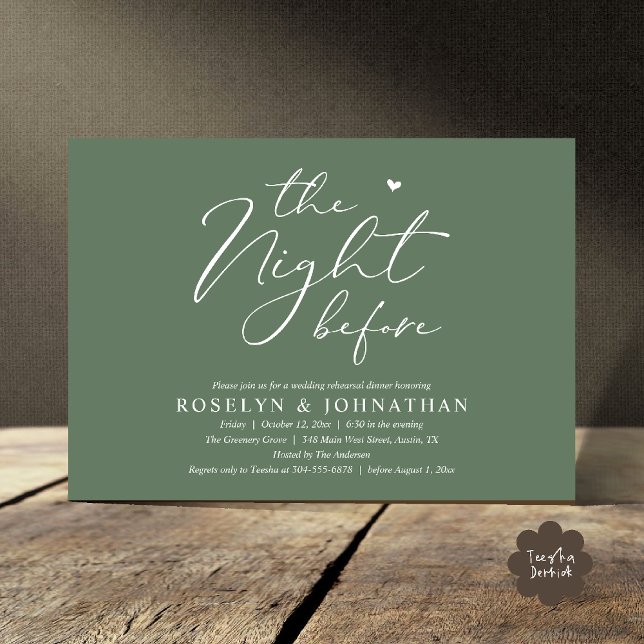 Convites A Noite Antes do Janto Romântico de Ensaio De Casa (The Night Before Romantic Wedding Rehearsal Dinner Little heart Invitation Card PDF Sage Green)