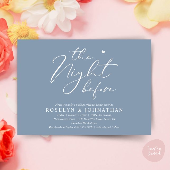 Convites A Noite Antes do Janto Romântico de Ensaio De Casa (The Night Before Romantic Wedding Rehearsal Dinner Little heart Invitation Card PDF Dusty Blue)