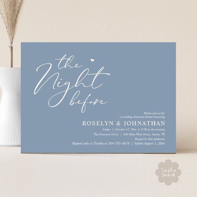 Convites A Noite Antes do Janto Romântico de Ensaio De Casa (The Night Before Romantic Wedding Rehearsal Dinner Little heart Invitation Card PDF Dusty Blue)