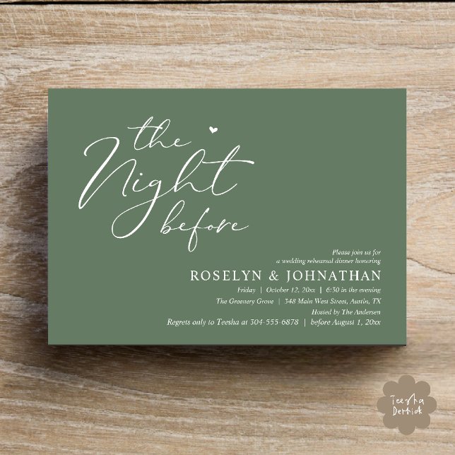 Convites A Noite Antes do Janto Romântico de Ensaio De Casa (The Night Before Romantic Wedding Rehearsal Dinner Little heart Invitation Card PDF Sage Green)