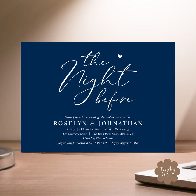 Convites A Noite Antes do Janto Romântico de Ensaio De Casa (The Night Before Romantic Wedding Rehearsal Dinner Little heart Invitation Card PDF Navy Blue)