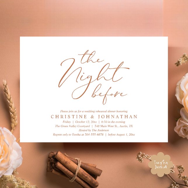Convites A Noite Antes do Janto Romântico de Ensaio De Casa (The Night Before Romantic Wedding Modern Rehearsal Dinner Invites Card Hosted Parents Copper Brown)
