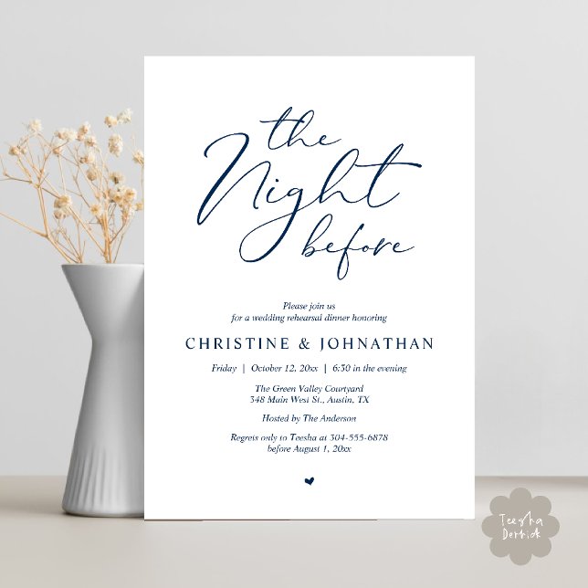 Convites A Noite Antes do Janto Romântico de Ensaio De Casa (The Night Before Romantic Wedding Modern Rehearsal Dinner Invites Card Hosted Parents Navy Blue)