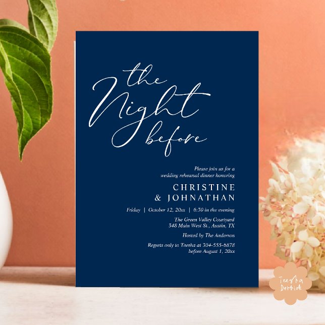 Convites A Noite Antes do Janto Romântico de Ensaio De Casa (The Night Before Romantic Wedding Modern Rehearsal Dinner Invites Card Hosted Parents Navy Blue)