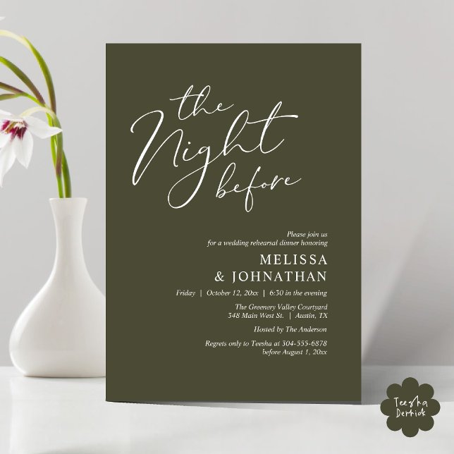 Convites A Noite Antes do Janto Romântico de Ensaio De Casa (The Night Before Romantic Modern Wedding Rehearsal Dinner Aesthetic Invites PDF Classy Olive Green)