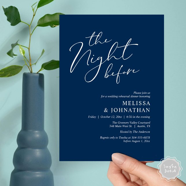 Convites A Noite Antes do Janto Romântico de Ensaio De Casa (The Night Before Romantic Modern Wedding Rehearsal Dinner Aesthetic Invites PDF Classy Navy Blue)