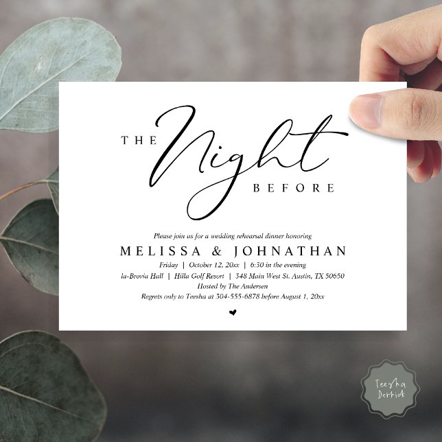 Convites A Noite Antes do Janto Romântico de Ensaio De Casa (The Night Before, Romantic Wedding Rehearsal Dinner Invitation Card, PDF, in Black and White)