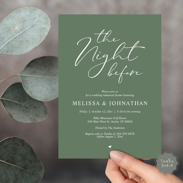 Convites A Noite Antes do Janto Romântico de Ensaio De Casa (Classy Romance, The Night Before Wedding Rehearsal Dinner Invitation Card, PDF, in Forest Sage Green)