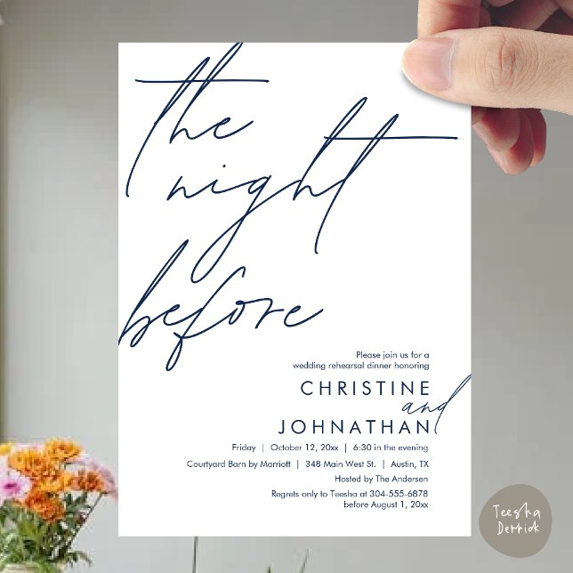 Convites A Noite Antes do Janto Romântico de Ensaio De Casa (The Night Before Romantic Wedding Rehearsal Dinner Invitation Card, PDF, in Navy Blue)