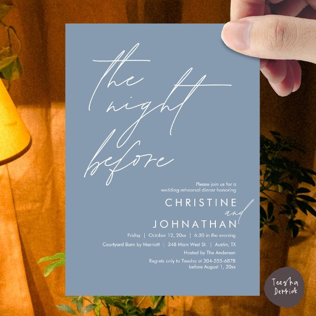 Convites A Noite Antes do Janto Romântico de Ensaio De Casa (The Night Before Romantic Wedding Rehearsal Dinner Invitation Card, PDF, in Dusty Blue)