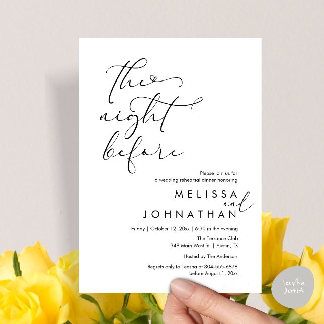 Convites A Noite Antes do Janto Romântico de Ensaio De Casa (The Night Before, Romantic Wedding Rehearsal Dinner Invitation Card, PDF, Black White)
