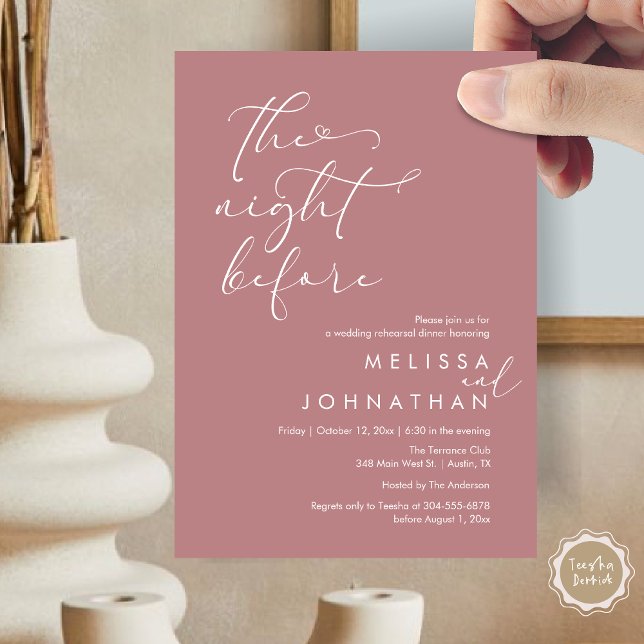 Convites A Noite Antes do Janto Romântico de Ensaio De Casa (The Night Before, Romantic Wedding Rehearsal Dinner Invitation Card, PDF, Dusty Rose Pink)