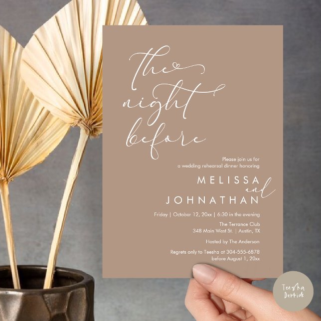Convites A Noite Antes do Janto Romântico de Ensaio De Casa (The Night Before, Romantic Wedding Rehearsal Dinner Invitation Card, PDF, Warm Taupe Brown Boho Chic)