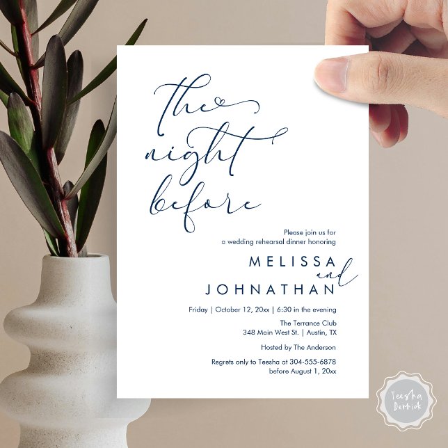 Convites A Noite Antes do Janto Romântico de Ensaio De Casa (The Night Before, Romantic Wedding Rehearsal Dinner Invitation Card, PDF, Navy Blue)