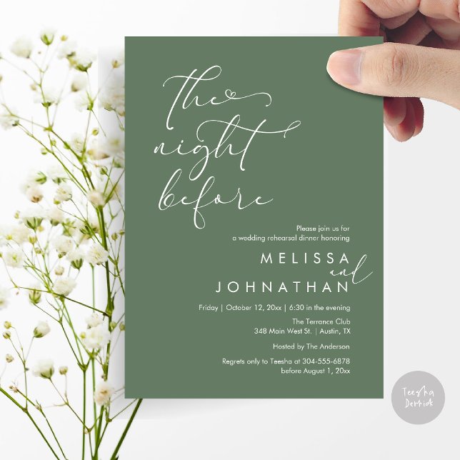 Convites A Noite Antes do Janto Romântico de Ensaio De Casa (The Night Before, Romantic Wedding Rehearsal Dinner Invitation Card, PDF, Forest Sage Green)