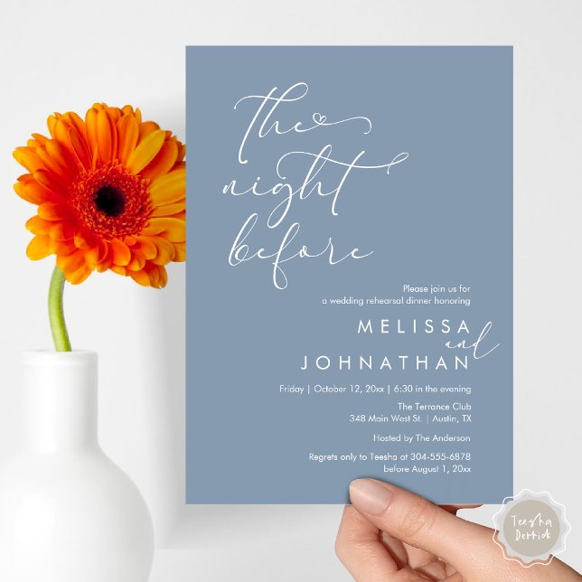 Convites A Noite Antes do Janto Romântico de Ensaio De Casa (The Night Before, Romantic Wedding Rehearsal Dinner Invitation Card, PDF, Dusty Blue)