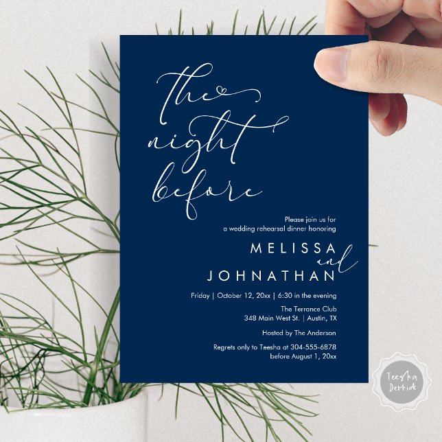 Convites A Noite Antes do Janto Romântico de Ensaio De Casa (The Night Before, Romantic Wedding Rehearsal Dinner Invitation Card, PDF, Navy Blue)