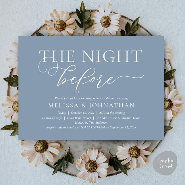 Convites A Noite Antes do Janto Romântico de Ensaio De Casa (The Night Before, Romantic Wedding Rehearsal Dinner Invitation Card, PDF, Dusty Blue)