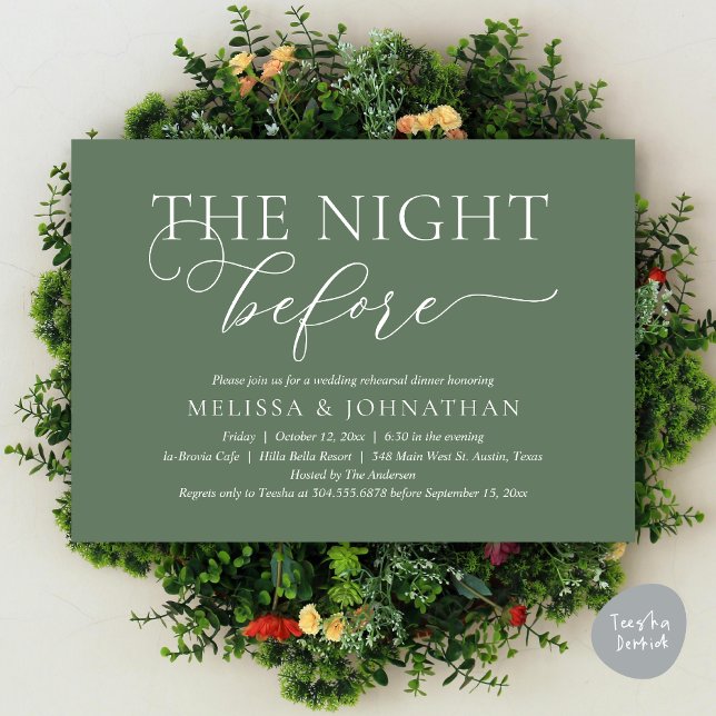 Convites A Noite Antes do Janto Romântico de Ensaio De Casa (The Night Before, Romantic Wedding Rehearsal Dinner Invitation Card, PDF, Forest Sage Green)