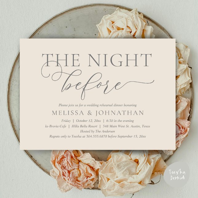 Convites A Noite Antes do Janto Romântico de Ensaio De Casa (The Night Before, Romantic Wedding Rehearsal Dinner Invitation Card, PDF, Cream Grey)