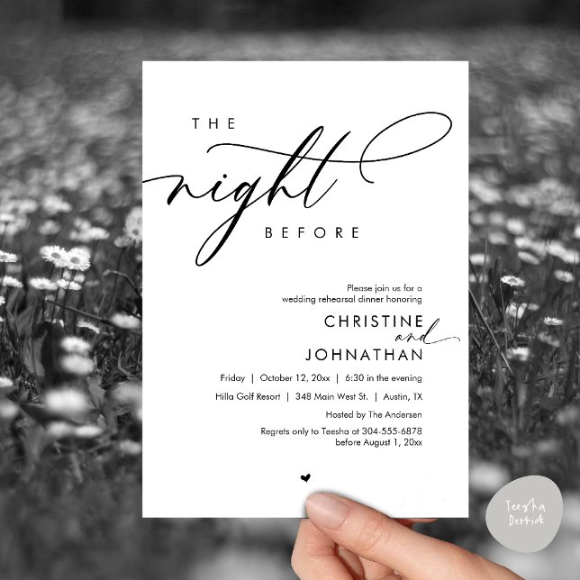 Convites A Noite Antes do Janto Romântico de Ensaio De Casa (The Night Before, Modern Romantic Wedding Rehearsal Dinner Invitation Card, PDF, In Black and White)