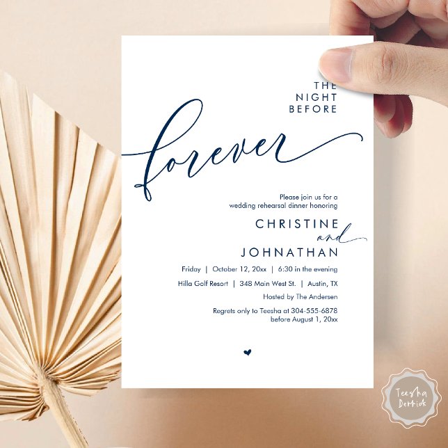 Convites A Noite Antes do Janto Romântico de Ensaio De Casa (The Night Before Forever, Romantic Wedding Rehearsal Dinner Invitation Card, PDF, In Navy Blue)