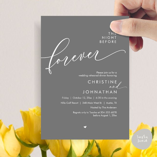 Convites A Noite Antes do Janto Romântico de Ensaio De Casa (Modern Romantic The Night Before Forever, Wedding Rehearsal Dinner Invitation Card, PDF, Dark Grey)