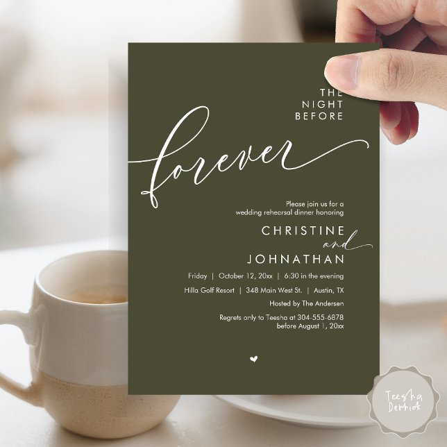 Convites A Noite Antes do Janto Romântico de Ensaio De Casa (Modern Romantic The Night Before Forever, Wedding Rehearsal Dinner Invitation Card, PDF, Olive Green)