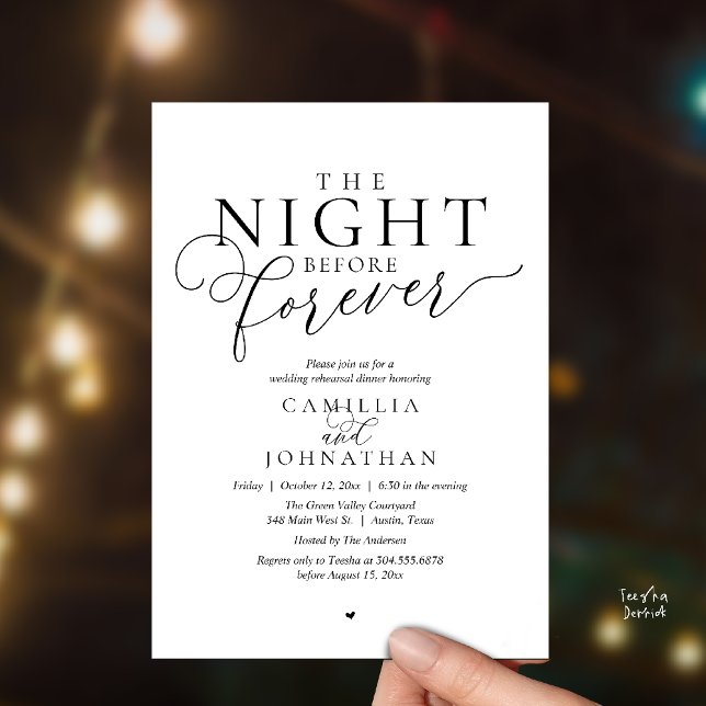 Convites “A Noite Antes do Para Sempre” Jantar de Ensaio Mo (“The Night Before Forever” Modern classy minimalist Rehearsal Dinner Invitation Card black and white)