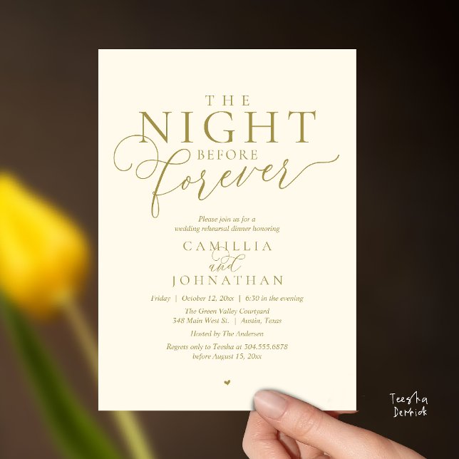 Convites “A Noite Antes do Para Sempre” Jantar de Ensaio Mo (“The Night Before Forever” Modern classy minimalist Rehearsal Dinner Invitation Card yellow gold)