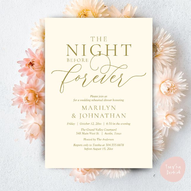 Convites A Noite Antes do Para Sempre, Jantar de Ensaios do (The Night Before Forever Wedding Rehearsal Dinner Romantic Classy Invites Card PDF in Yellow Gold)