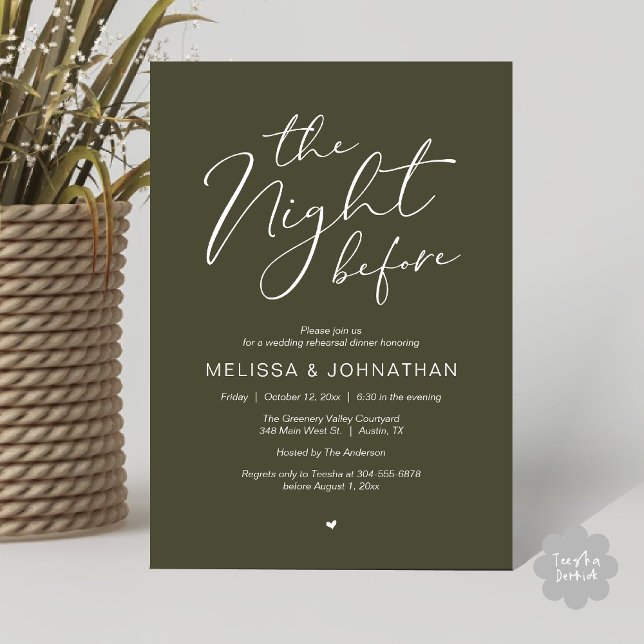 Convites A Noite Antes do Romântico Festa de Ensaio De Casa (The Night Before Romantic Modern Wedding Rehearsal Dinner Aesthetic Invites PDF Classy Olive Green)