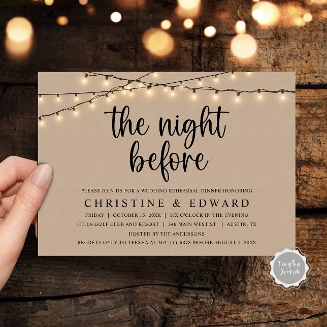 Convites A Noite Antes, Ensaio De Casamento, Brown Kraft (The Night Before, Wedding Rehearsal, Brown Kraft Invitation Card, with rustic cottage String Lights)