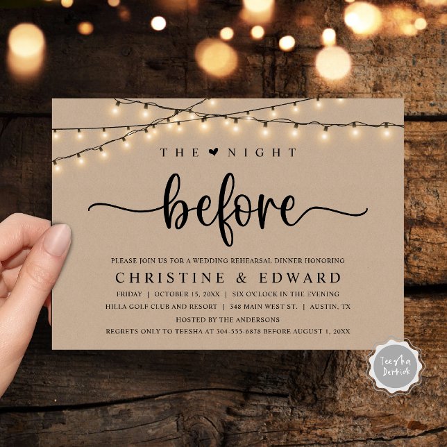 Convites A Noite Antes, Ensaio De Casamento, Brown Kraft (The Night Before, Wedding Rehearsal, Brown Kraft Invitation Card, with rustic cottage String Lights.)