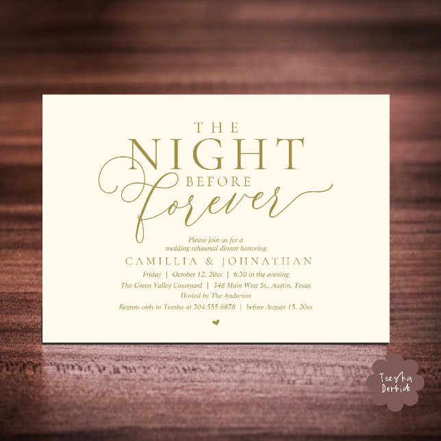 Convites “A Noite Antes para Sempre” Jantar de Ensaio Moder (“The Night Before Forever” Modern Classy Rehearsal Dinner Invitation card in yellow gold)