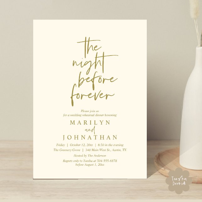 Convites A Noite Antes para Sempre, Jantar de Ensaios do Ca (The Night Before Forever, Modern Minimal Wedding Rehearsal Dinner Invitation Card in Yellow Gold)