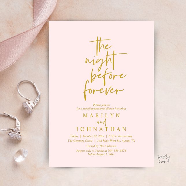 Convites A Noite Antes para Sempre, Jantar de Ensaios do Ca (The Night Before Forever, Modern Minimal Wedding Rehearsal Dinner Invitation Card in Gold Blush)
