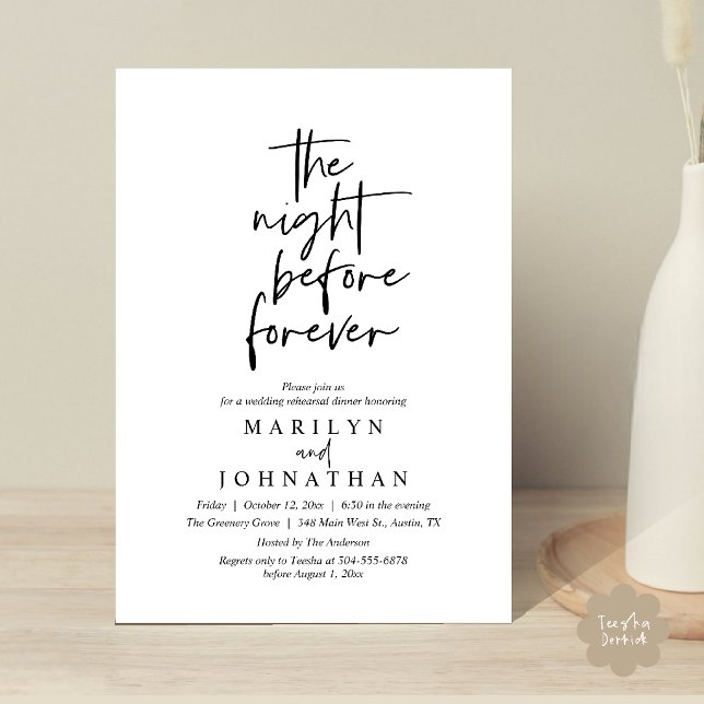 Convites A Noite Antes para Sempre, Jantar de Ensaios do Ca (The Night Before Forever, Modern Minimal Wedding Rehearsal Dinner Invitation Card in Black and White)