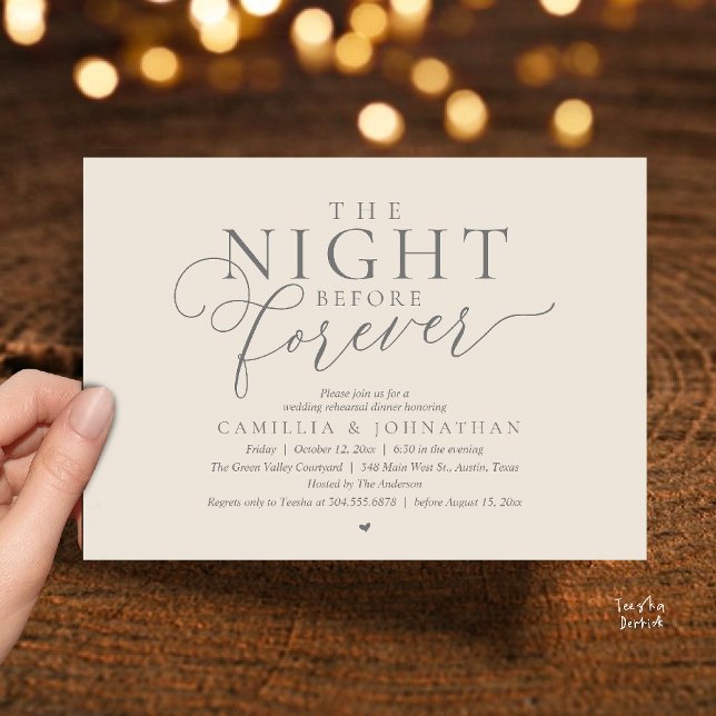 Convites “A Noite Antes para Sempre” Jantar de Ensaios Mode (“The Night Before Forever” Modern Classy Rehearsal Dinner Invitation card in Cream and Grey)