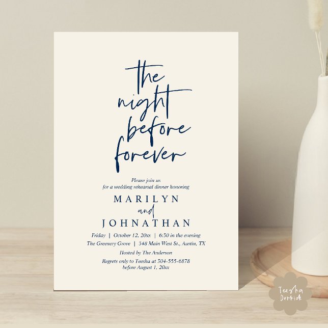 Convites A Noite Antes para Sempre, Jantar de Rehearsal do  (The Night Before Forever, Modern Minimal Wedding Rehearsal Dinner Invitation Card in Navy Blue Ivory)