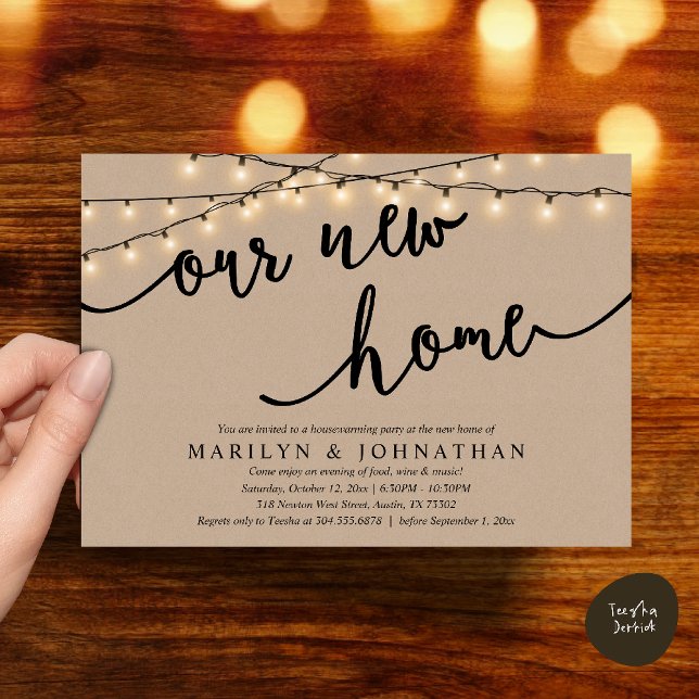Convites A nossa nova casa, festa russa do lar (Our new home, Rustic Housewarming party Invitation Card PDF Cottage String Light brown Kraft)