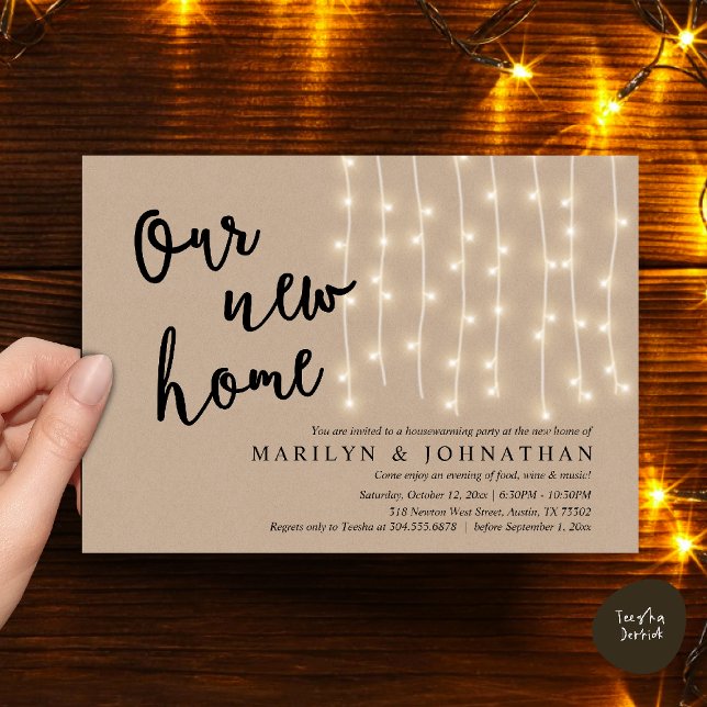 Convites A nossa nova casa, festa russa do lar (Our new home, Rustic Housewarming party Invitation Card PDF Cottage String Light brown Kraft)