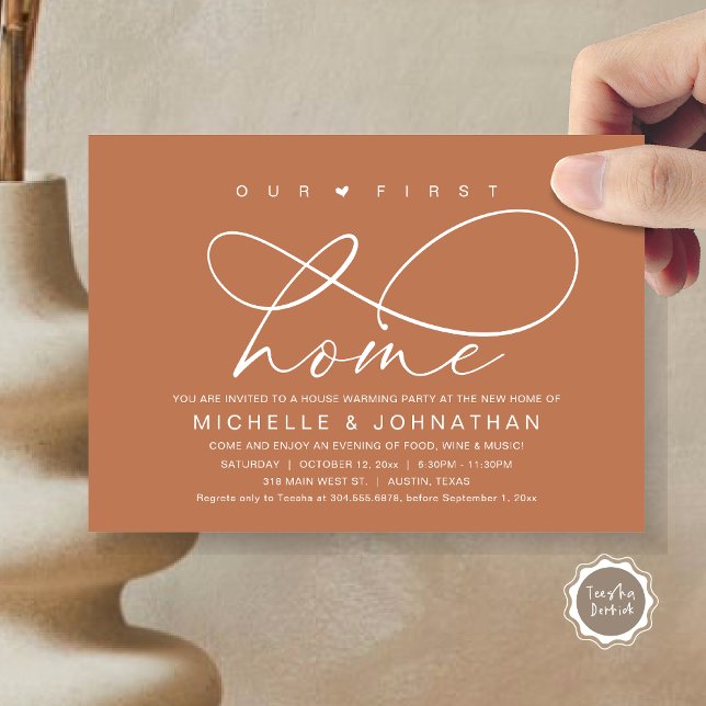 Convites A nossa primeira festa de lar moderno (Our First Home, New Housewarming Party Invitation Card, PDF, Modern Romantic Script, Copper Rust)